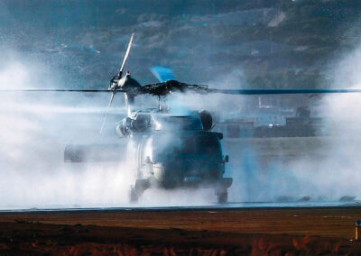 Helicopter being washed by the clear water rinse system