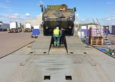 Military vehicle being secured on heavy duty inspection ramps