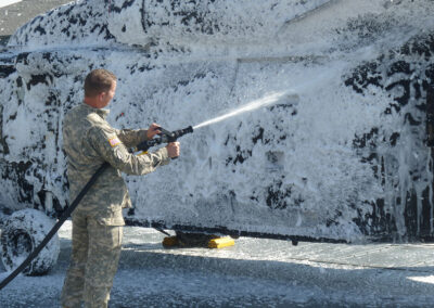 Person using total aircraft washing system in use